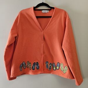 Vintage Mandal Bay Flip Flop Sweatshirt Cardigan Orange Beaded Embroidered XL